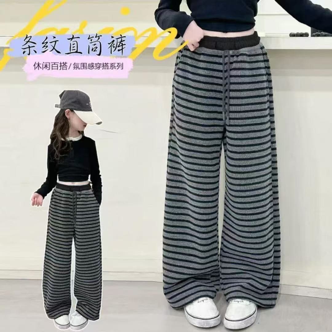 2025 Trendy Striped Casual Pants Women's Spring and Autumn Fat mm Loose Hip Covering Slim Straight Pants Korean Style Trendy Children's Pants