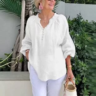 2026 New European and American Style Loose White Cotton-Linen V-Neck Long-Sleeve Shirt Women's Casual Solid Color Office Top