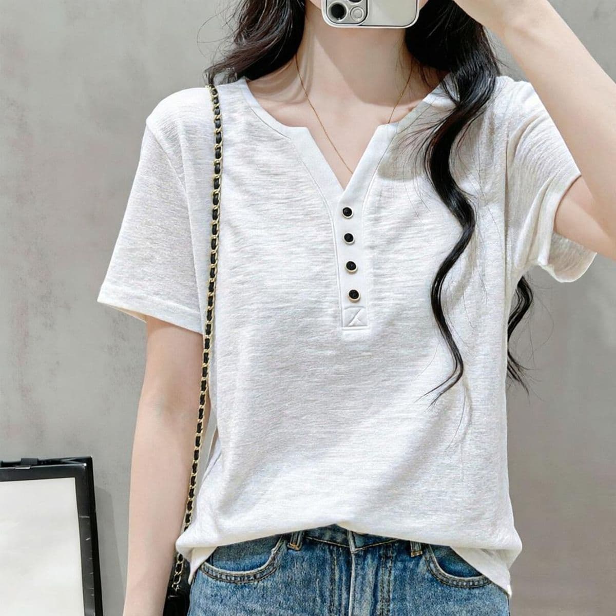 180g Slub Cotton 100% Cotton Loose Button Small V-Neck Short Sleeve T-Shirt Women's Summer New Pure Cotton Top Wholesale
