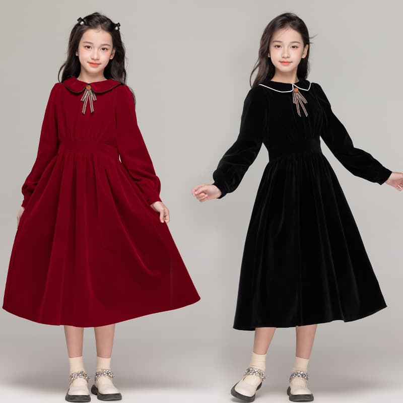 Vintage Children's Red Dress Waist-Fitted Princess Skirt For Girls Autumn/Winter 2024 Daily Casual Wear Shengliang