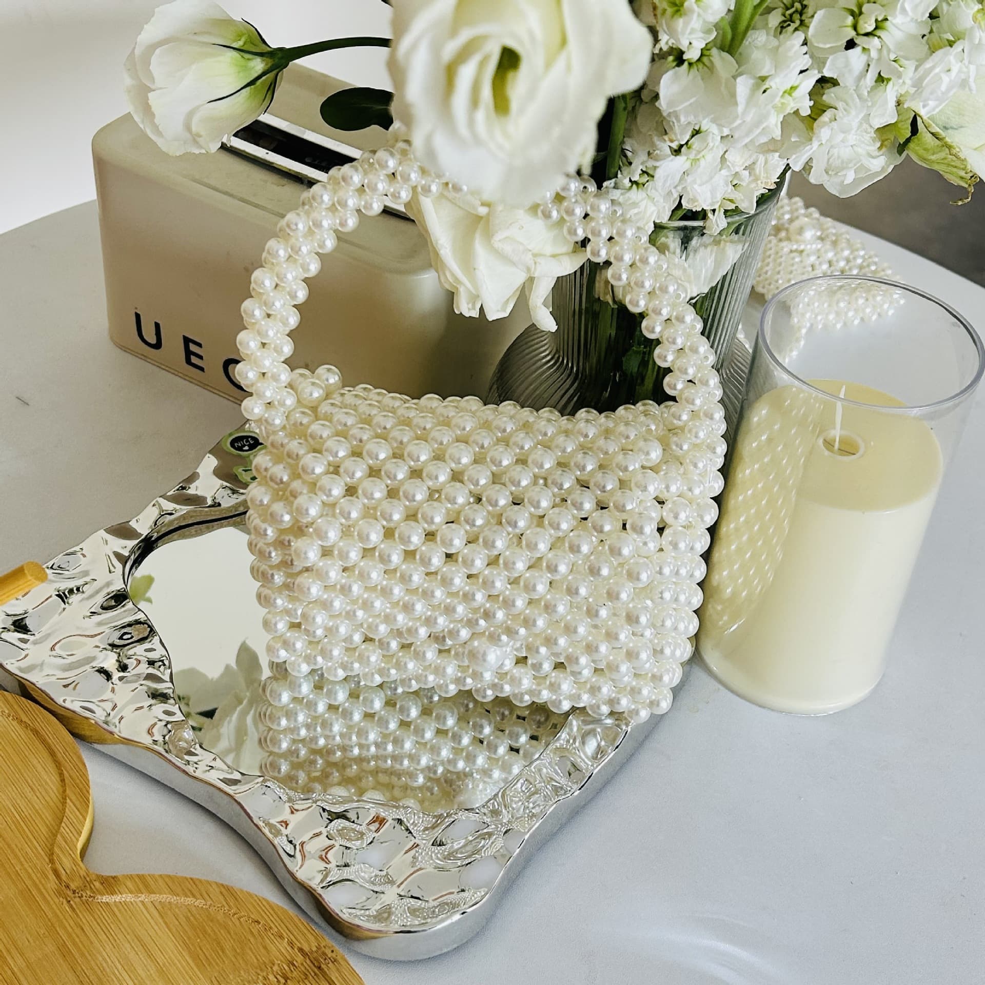 Pearl Embellished Shoulder Crossbody Bag Versatile Quality Fashionable Fresh Women's Handbag Square Woven Bag for All Occasions