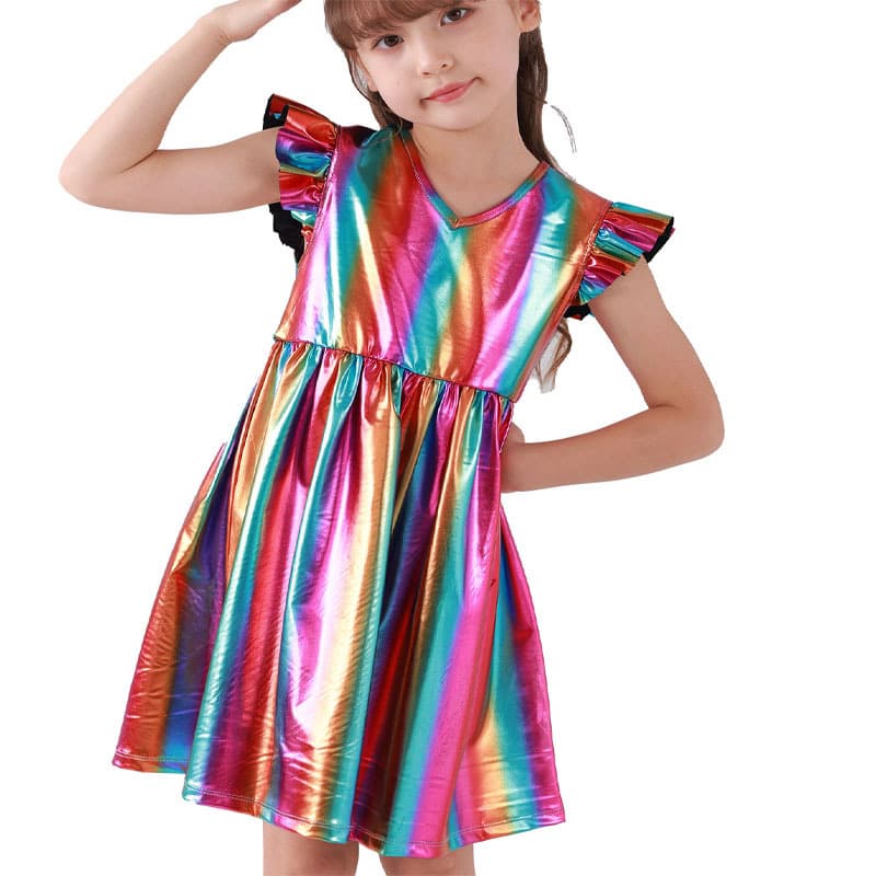 Cross-border Europe and America Children's Dress Birthday Photo PV Rainbow Stripe Dress Children's Large Skirt Dress