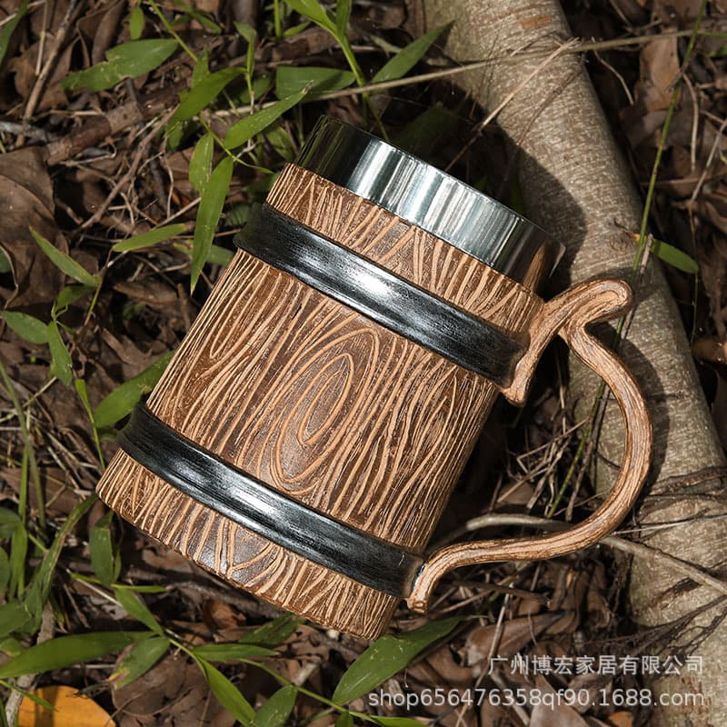 Large Capacity Stainless Steel Beer Mug Factory Direct Vintage Wood Bucket Style Bar KTV Water Cup Eco-friendly Double Layer