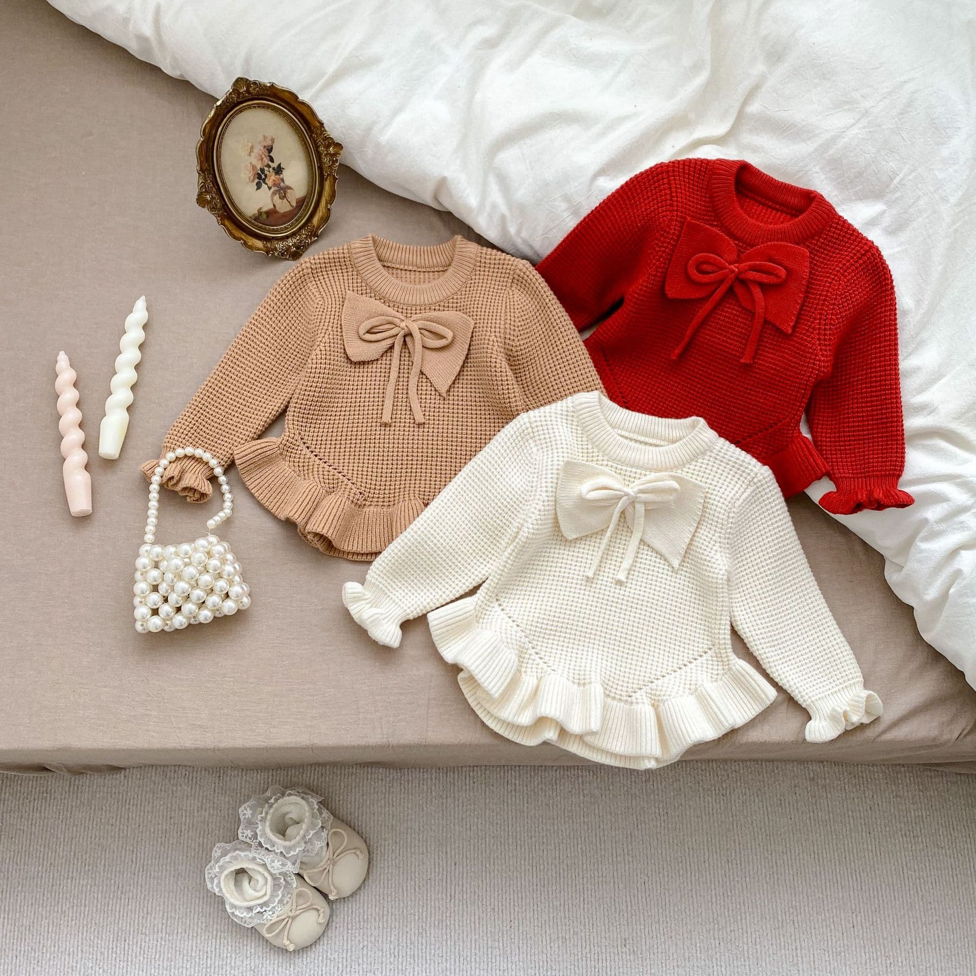 New Spring/Autumn Children's Sweater Versatile Ruffle Hem Long Sleeve Bow Girl Sweater Korean Knit Top