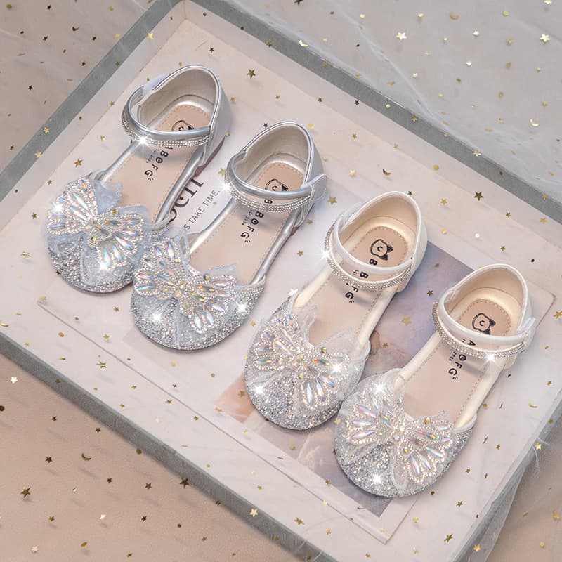 Girls Princess Sandals Crystal Shoes 2026 Summer New Style Children Soft Sole Closed-Toe Sandals Girl Bow Single Shoes