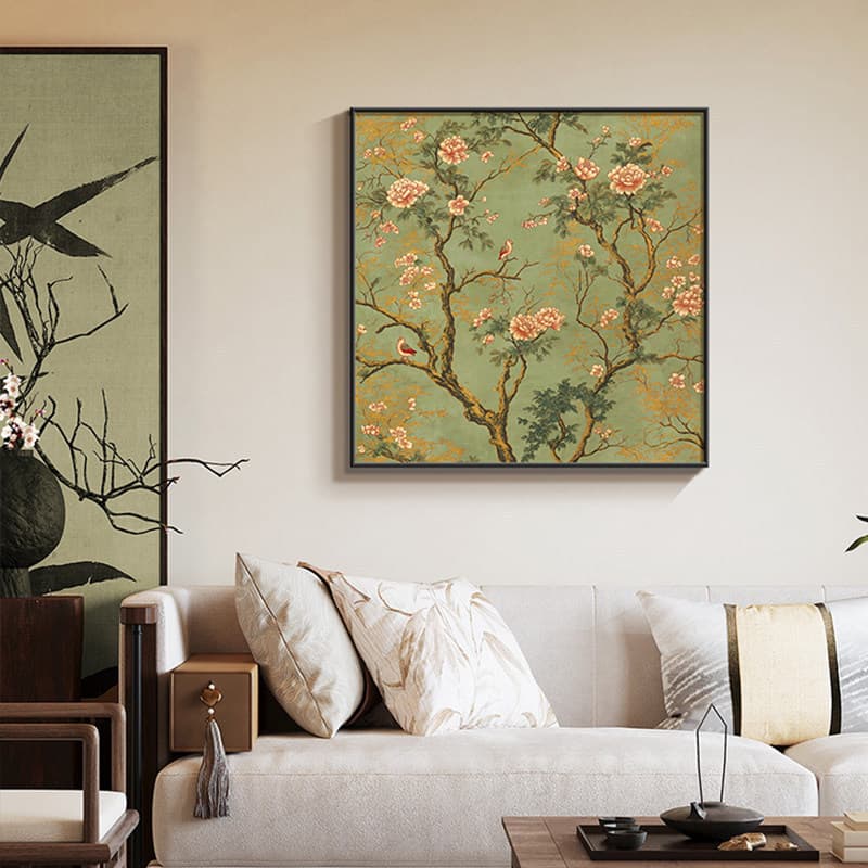 Song Dynasty Aesthetic Flower and Bird Painting Living Room Decorative Art, New Chinese Sofa Background Wall Hanging, Square Dining Room Bedroom Wall Art