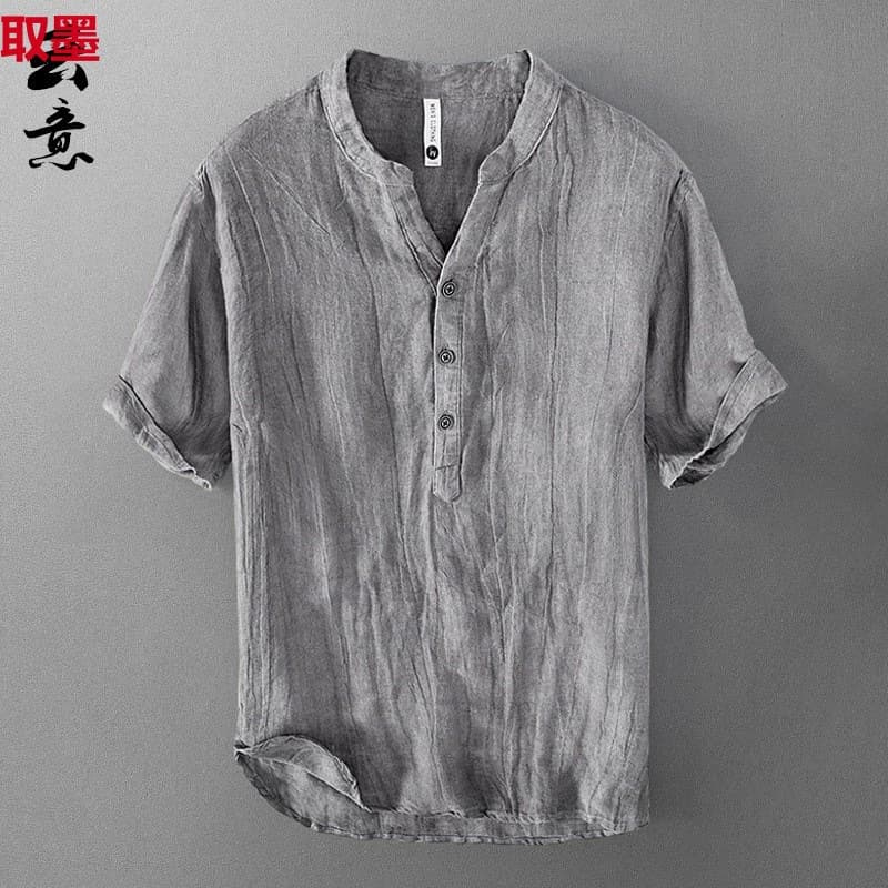Pure Linen Short Sleeve T-Shirt for Men Summer Chinese Style Loose V-Neck Top Retro Casual Half Sleeve Linen Tee