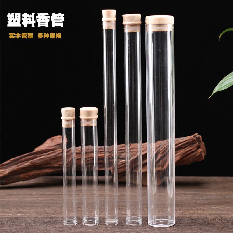 Transparent Plastic Incense Tube with Solid Wood Stopper Lying Incense Packaging Tube Home Incense Storage Box Sandalwood and Agarwood Incense Container