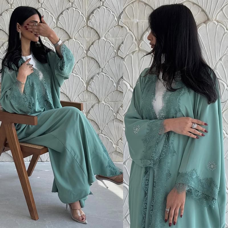 MQ214 Cross-Border New Lace Patch Long Coat Modest Outerwear Fashion Long Robe Trendy Dress