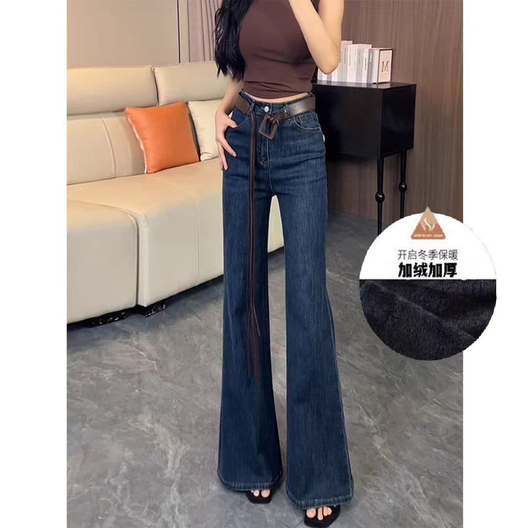 Women's Winter New Fleece-Lined Thickened Flared Jeans High-Waist Plus Size Pear-Shaped Figure Concealing Slimming Bell-Bottom Pants