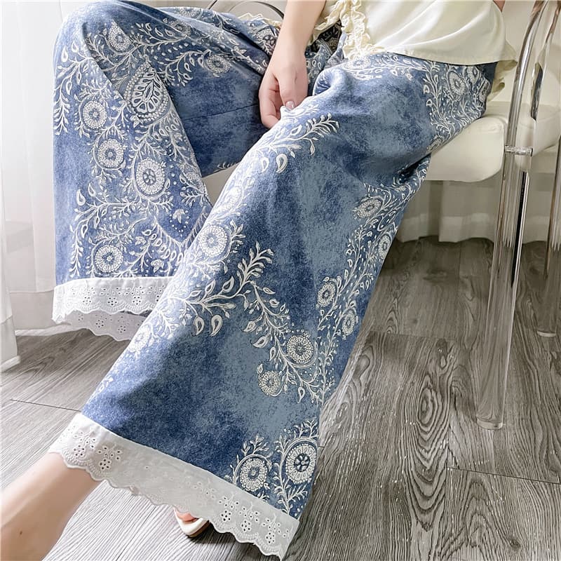 New Summer Cotton and Silk Wide-Leg Pajama Pants for Women, Wearable Outside, Cool and Comfortable, Lace Trim, Casual Walking Pants