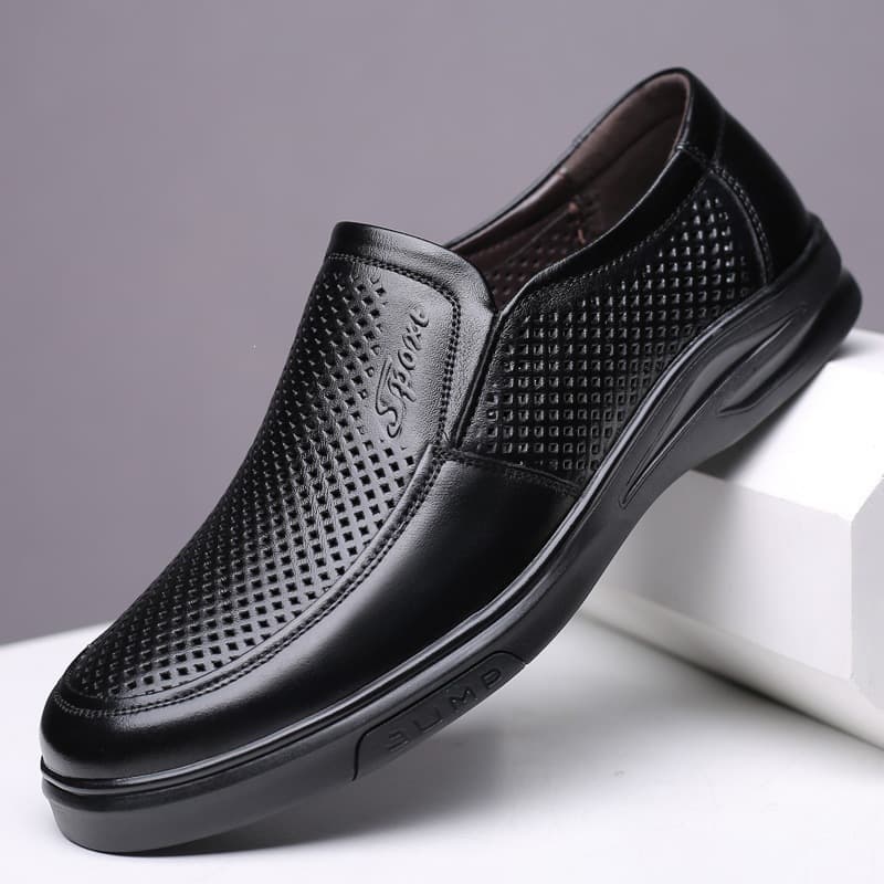 Men's Leather Shoes 2025 New Business Formal Hollow Breathable Mesh Sandals, Genuine Leather Middle-Aged and Elderly Dad Casual Shoes