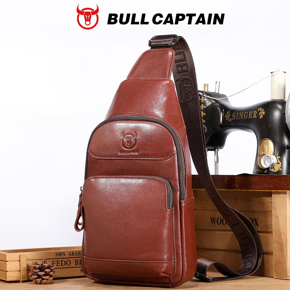 Captain Cow Genuine Leather Crossbody Chest Bag for Men USB Premium Tablet iPad Phone Chest Bag