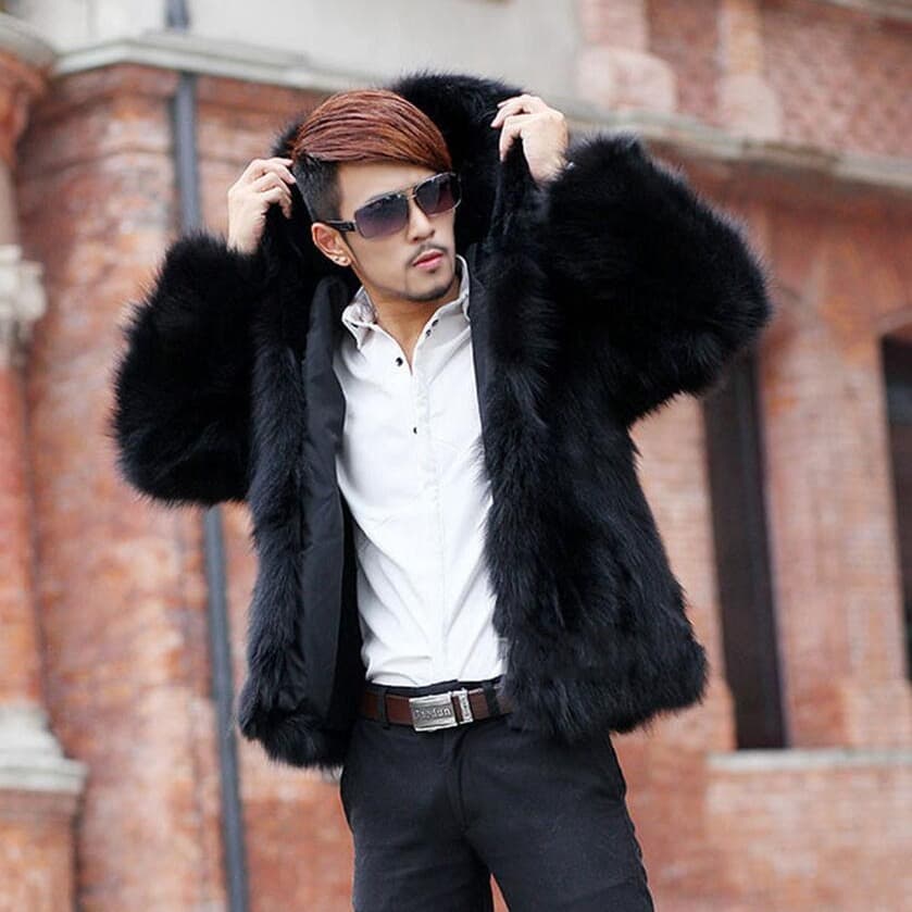 Autumn and Winter Men's Imitation Fur Fox Fur Short Hooded Outwear Thickened Warm Winter Fashion Casual Leather Jacket
