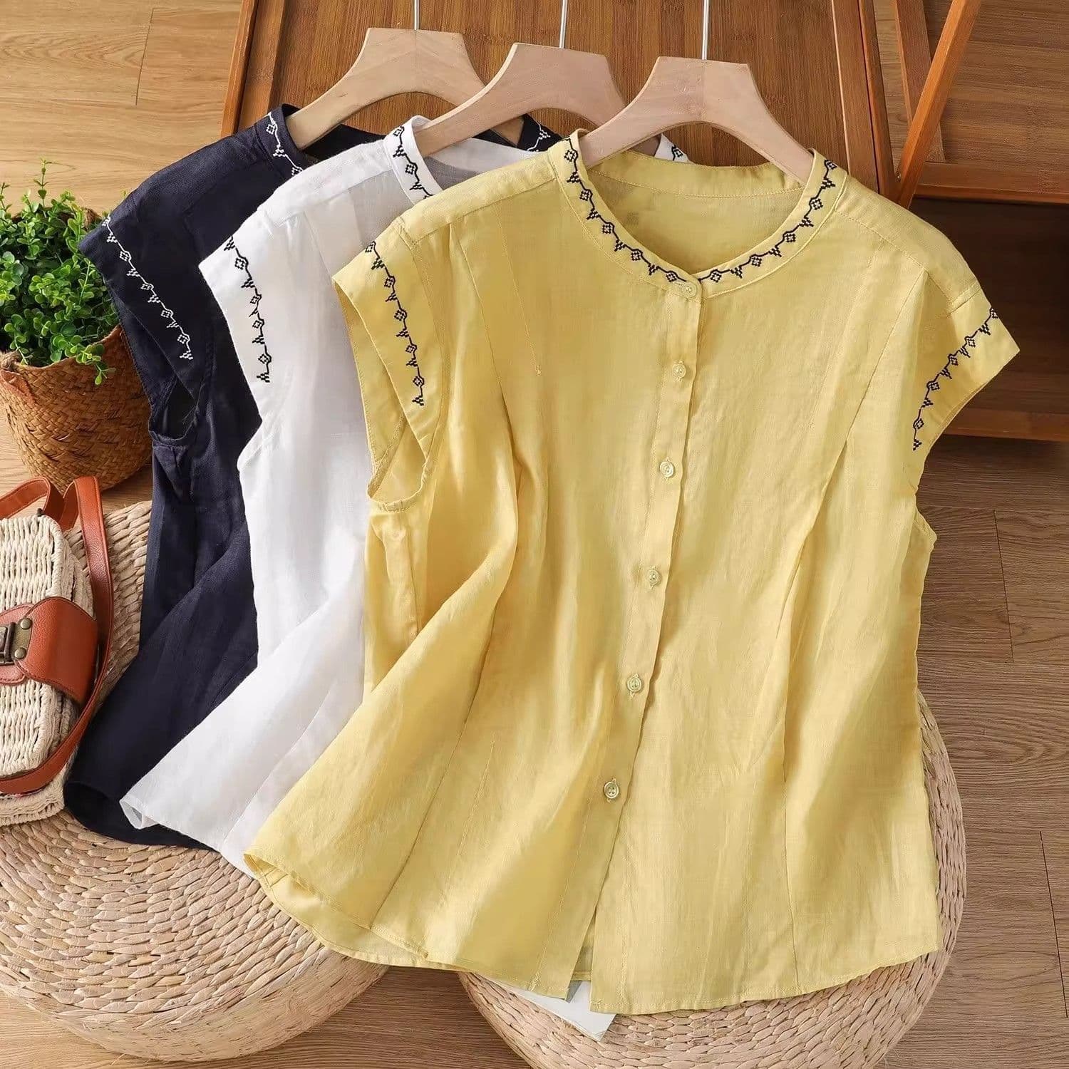 Comfortable Vest Single-Breasted Cotton-Linen Sleeveless Top Summer New Versatile Embroidered Artistic Retro T-Shirt for Women
