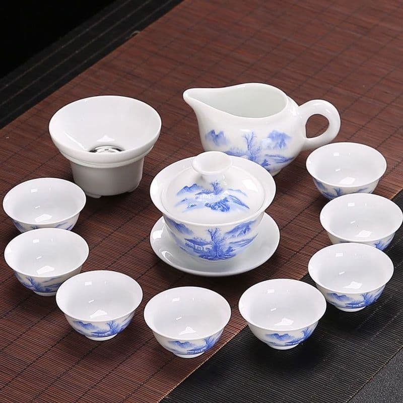 Kung Fu Tea Set, White Porcelain Traditional Chinese Tea Ceremony Gaiwan, Office Teapot and Teacup Tea Brewing Set