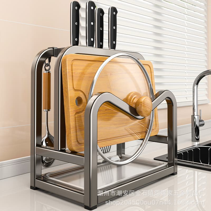 Multi-functional Kitchen Knife Stand with Cutting Board and Pot Lid Holder Drainage Storage Knife Rack