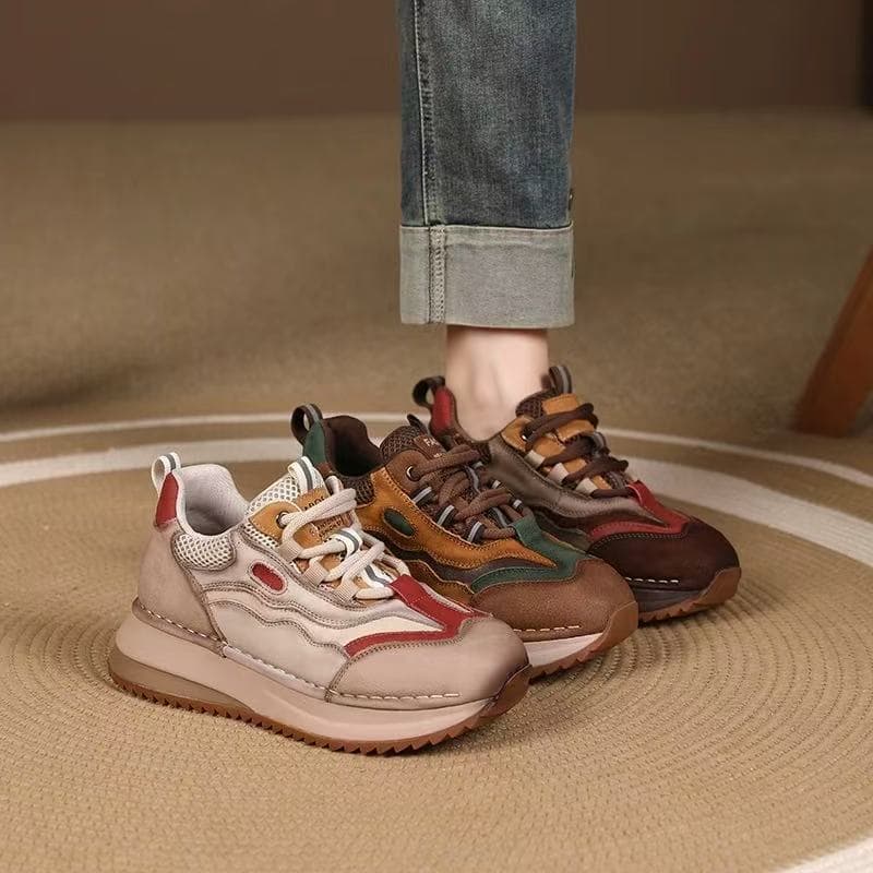 2025 Autumn New Style Thick-Soled Genuine Leather Retro Versatile Casual Shoes Color Block Soft Sole Corsair Shoes for Women