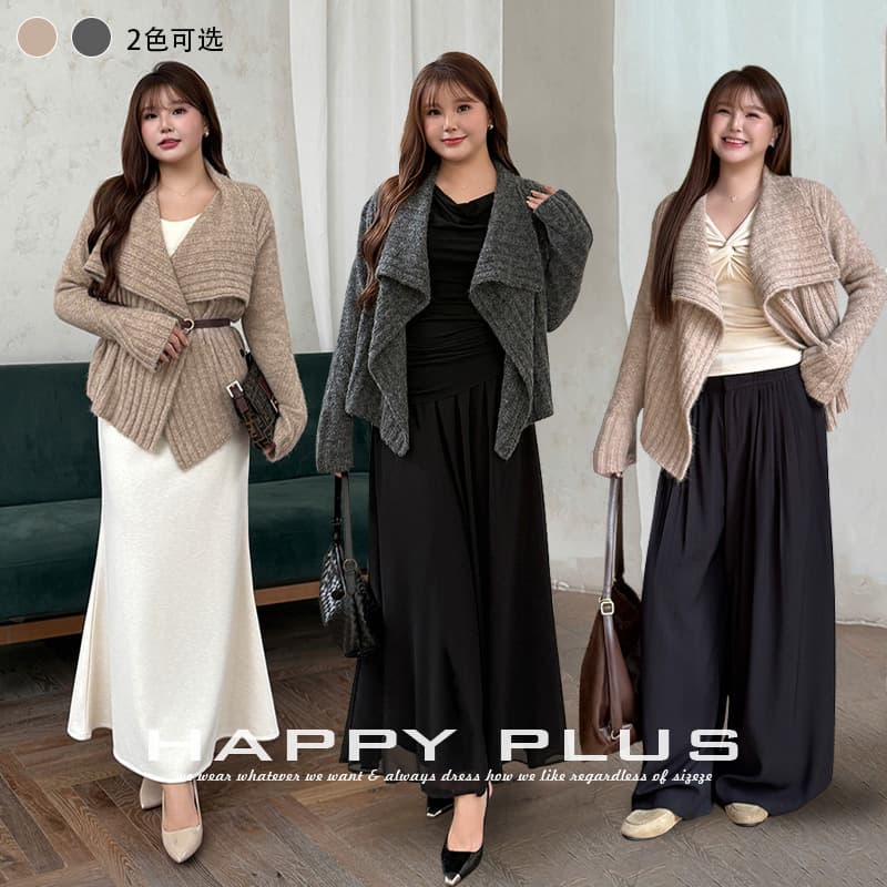 Runqi Plus Size Women's New Practicalist Coat 9610 Irregular Lapel Wool Blend Textured Knit Cardigan