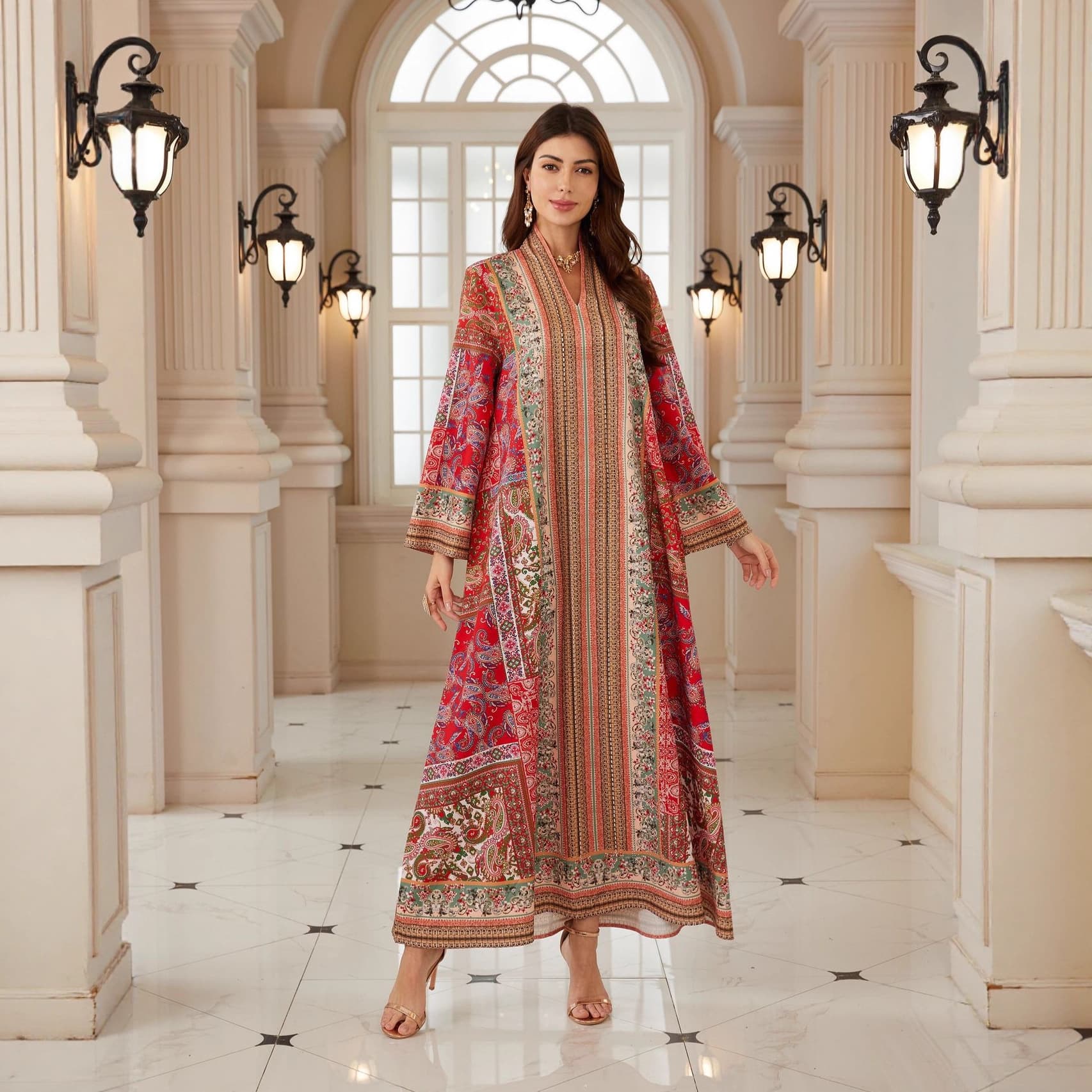 BX01 New Cross-Border Stock Bohemian Print Long Robe Turkish Dress for Women