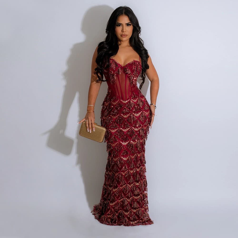 2025 Fashionable Long Dress A- Line Skirt Tank Top Glitter Sequin Embellishment Amazon Export European And American Style