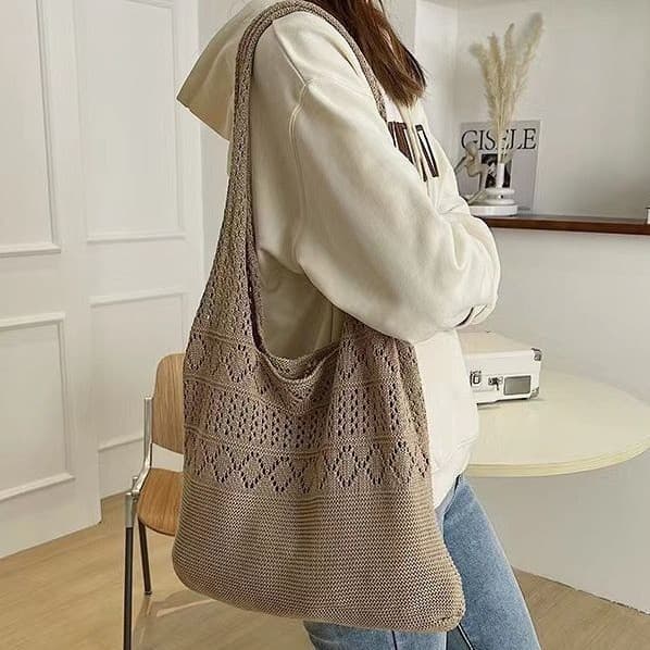 2024 large capacity hollow knitted bag simple versatile handbag solid color retro niche shoulder bag bags