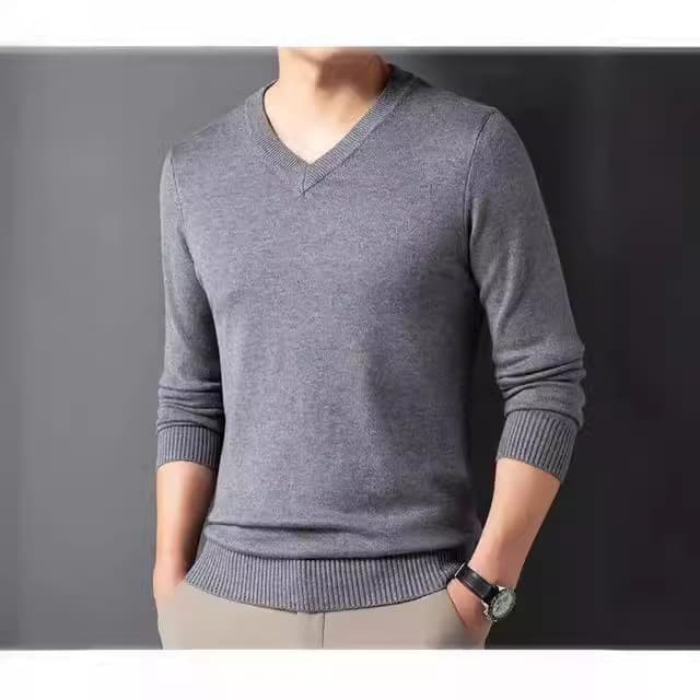 Men's Spring Autumn Thin Wool Sweater V-Neck Base Shirt Mid-Aged Dad Top Breathable Machine Washable High Elasticity Sweat Absorbent