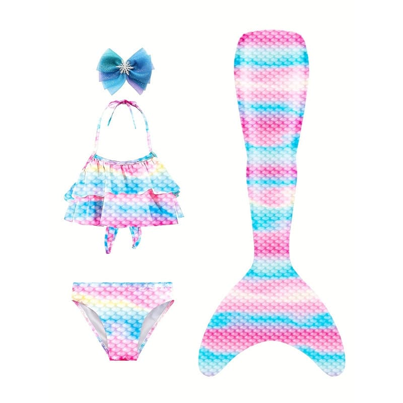 2026 New Cross-border Drop Shipping Girl Mermaid Tail Swimsuit Set 3-Piece 10 Gradient Rainbow Colors