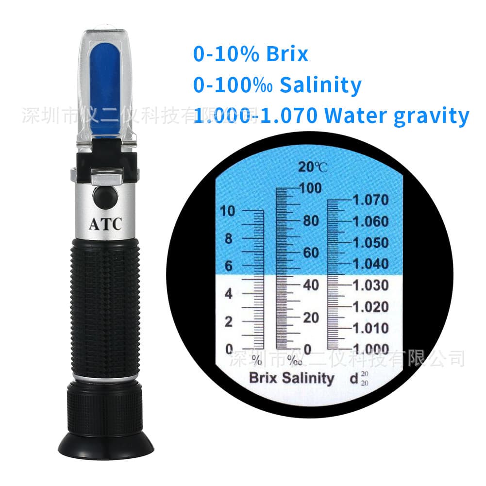 Portable Refractometer for 0-10 Brix/0-100 Salinity/1.000-1.070 Specific Gravity Measurements