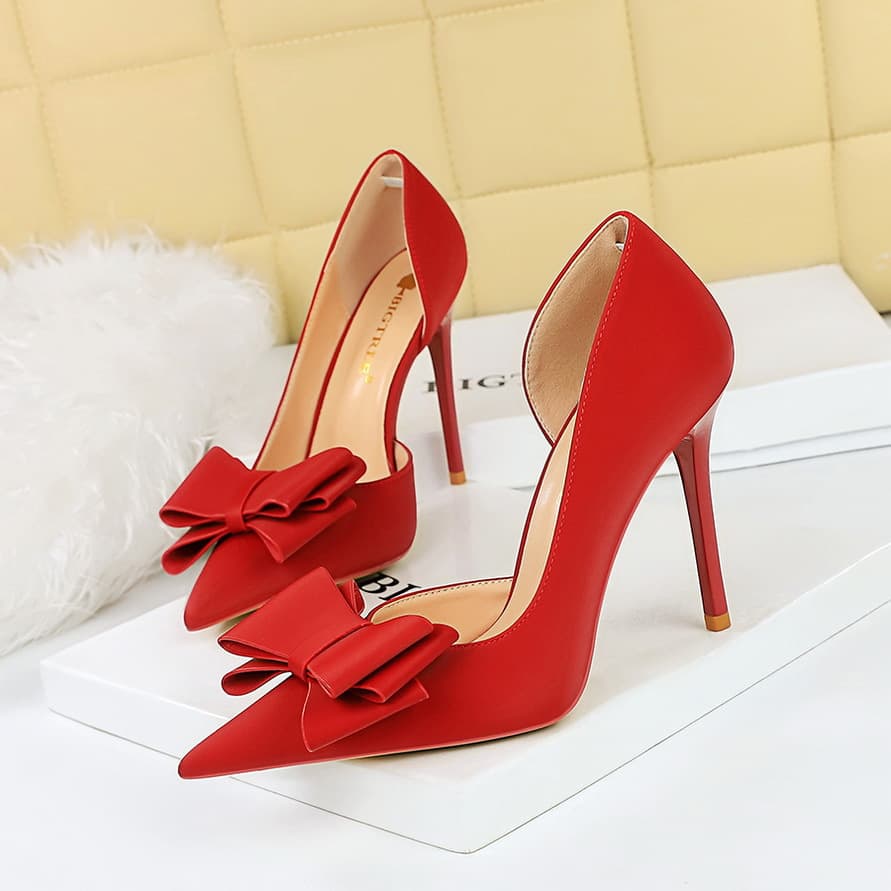 626-H2 Korean Style Fashion Sweet High Heels, Thin Heel, Ultra High Heel, Shallow Mouth, Pointed Toe, Side Cutout, Bow Detail, Women's Shoes