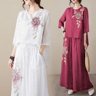 Cotton Retro Embroidery Set for Women Summer Pullover Fashion Shirt Thin Wide-Leg Pants Slimming Mother Two-Piece Set