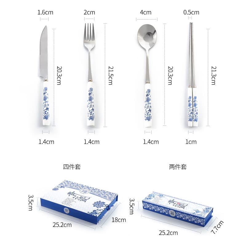 Blue and White Porcelain Cutlery Set with Knife, Fork, Spoon, and Chopsticks - Unique Chinese Style Gift for Overseas Business Meetings and Foreign Friends