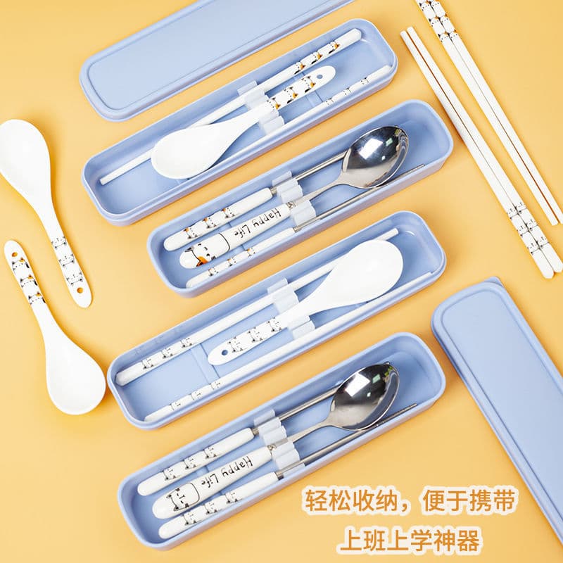 Korean-style Cute Ceramic Chopsticks and Spoon Set, Student and Office Worker Stainless Steel Portable Utensil Storage Box (3-Piece Set)
