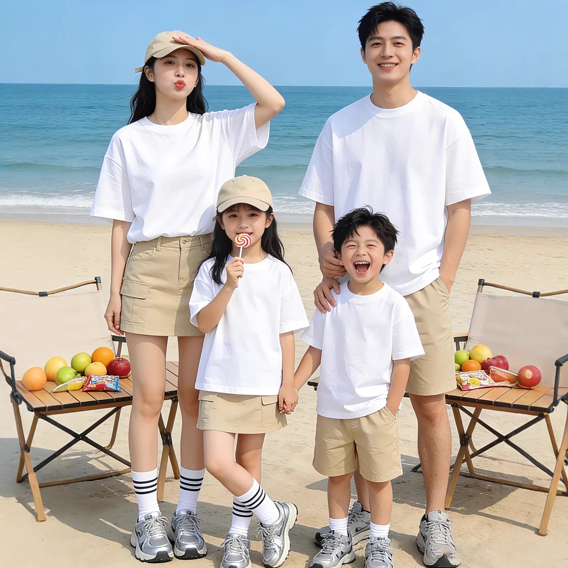 100% Cotton T-Shirt Family Matching Set Summer Simple Versatile White Round Neck Short Sleeve Kids Cotton Tee Mother-Daughter Outfit