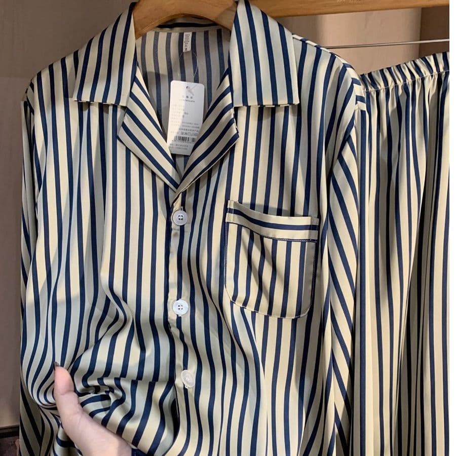 Spring/Summer Men's Pajama Set Cardigan Long Sleeve Long Pants Striped Loungewear Ice Silk Material Men's Sleepwear Summer