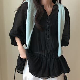 2026 Spring New Design Sheer Ruffle Waist-Tie Slimming Blouse with Puff Sleeves