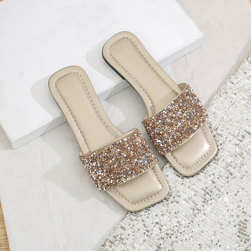Sequin Slippers for Women, Summer New Style, Fashion Flat, European and American Trendy Rhinestone One-Strap Sandals, Foreign Trade