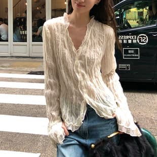 V-Neck Lace Chiffon Blouse Women's Summer Lightweight Breathable Textured Pleated Cardigan