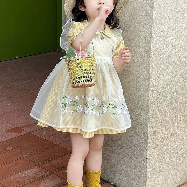 Girls Korean Style 2026 Summer New Retro Embroidered Dress, Short Sleeve Yellow Plaid Princess Dress for Baby Girls