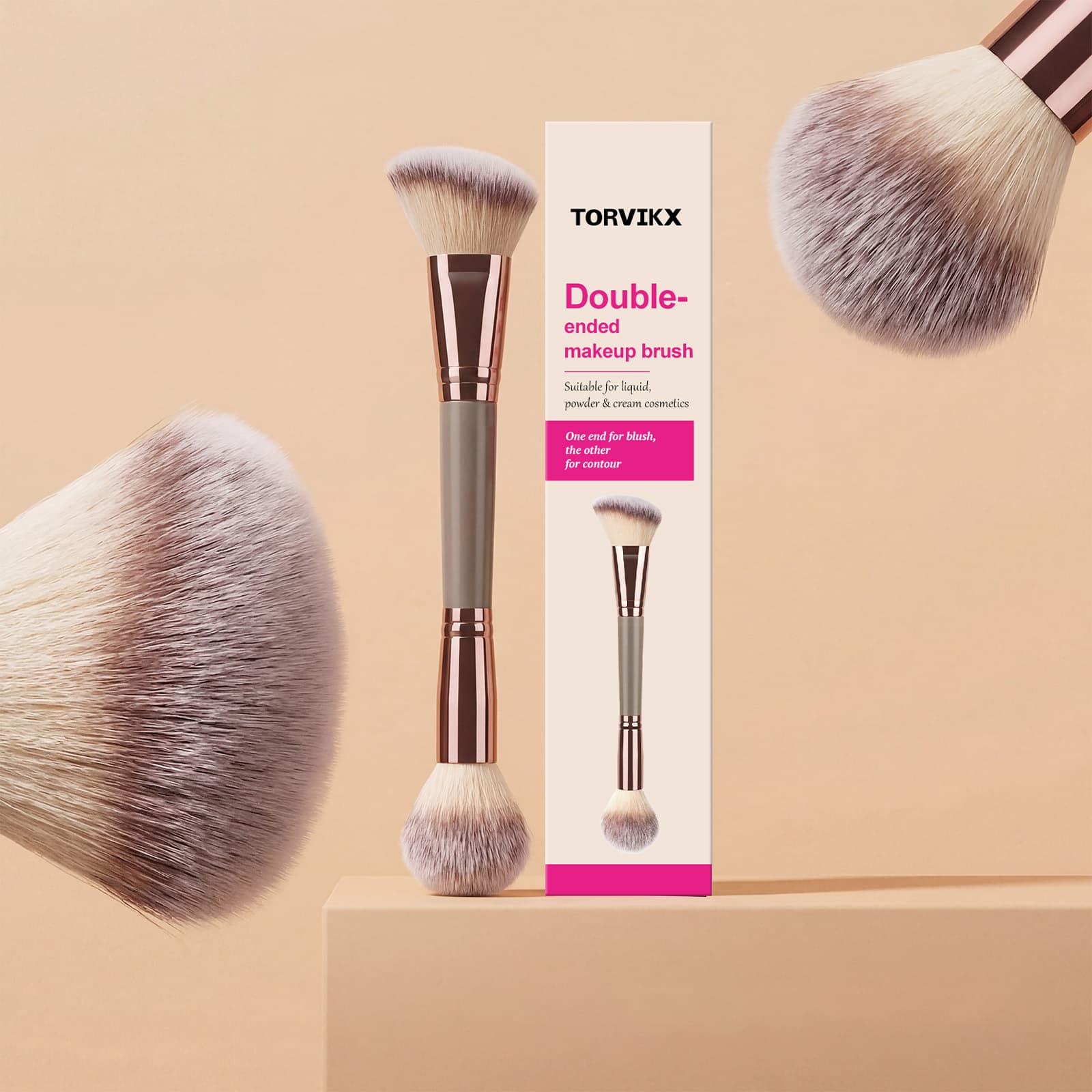 TORVIKX double-ended makeup brush, comfortable to hold and soft to the touch, can be used as a single brush to capture powder evenly and provide a delicate makeup effect