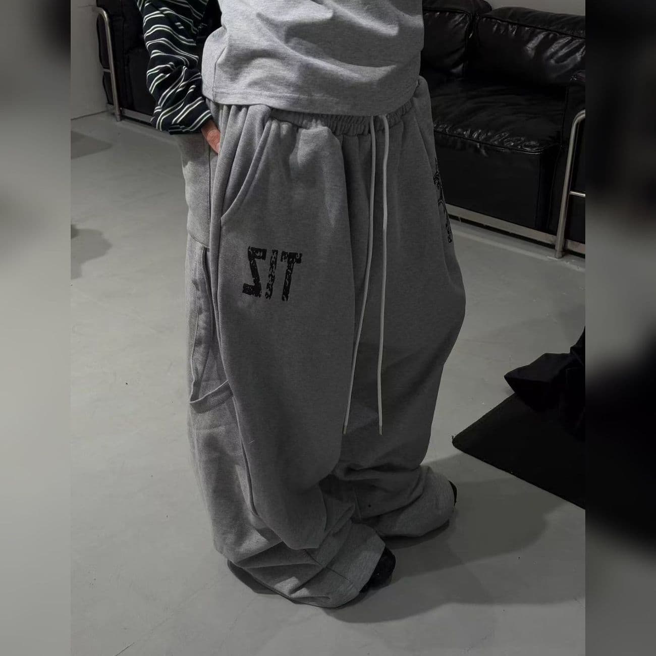 American Casual Letter Print Wide Leg Pants Women Loose Draped Sweatpants Gray Drawstring Long Pants Jazz Dance Pants