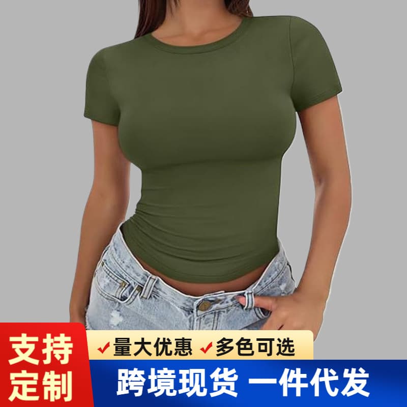 Amazon 2025 Cross-border European and American Style Crop Top Short Sleeve T-Shirt for Women Summer Tight Fashion Slim Fit Top Women's Clothing