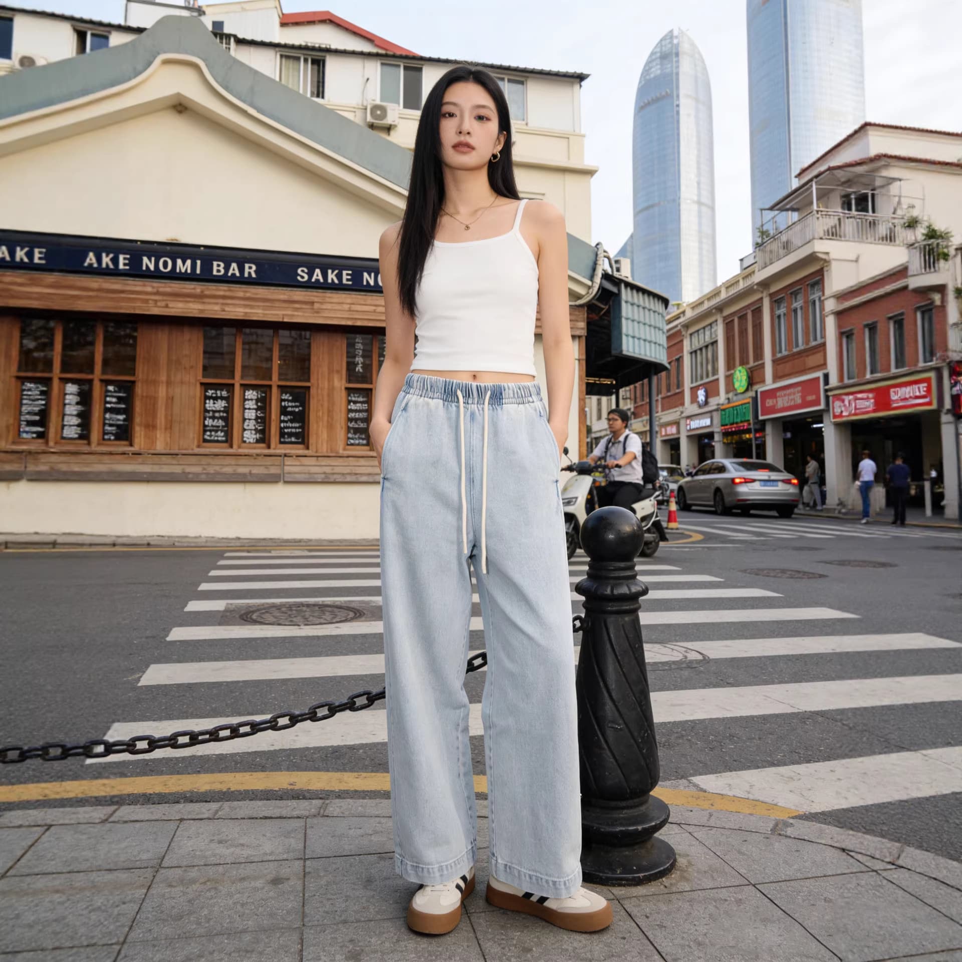 2026 Spring New Women's Pants High Waist Slim Casual Pants Drawstring Blue and White Loose and Versatile Nine-Point Wide-leg Pants