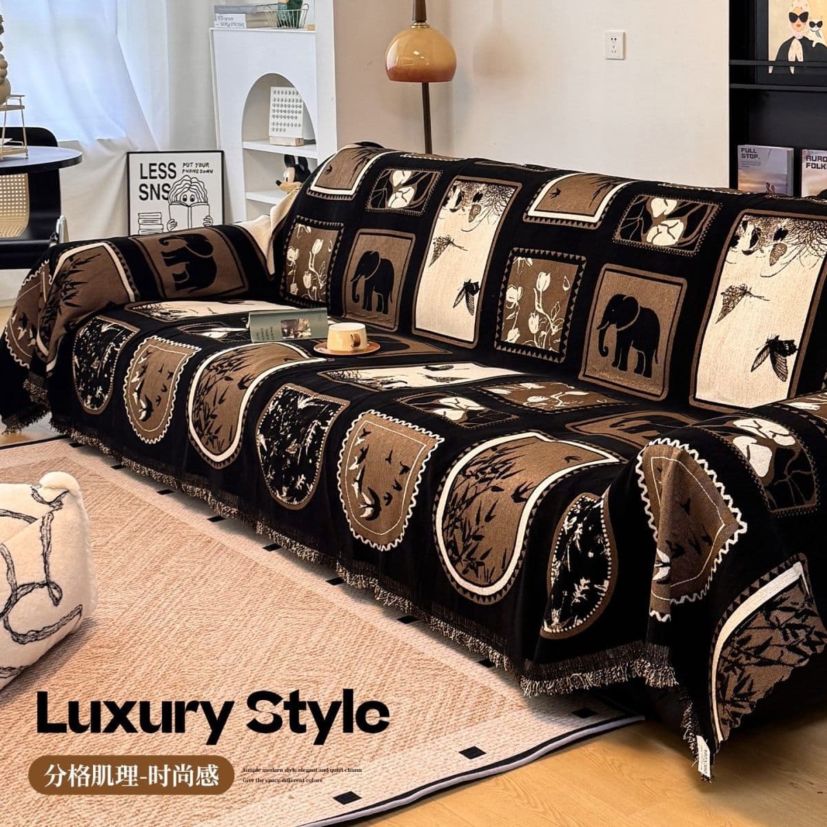 Mid-century modern sofa slipcover, luxury style high-end large black cow sofa cushion, one-piece fully enclosed all-season universal blanket