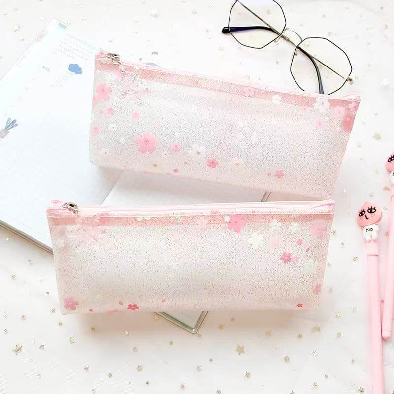Japanese cherry blossom transparent pencil case for women ins simple junior high school students small fresh girl heart pencil case large capacity ancient style