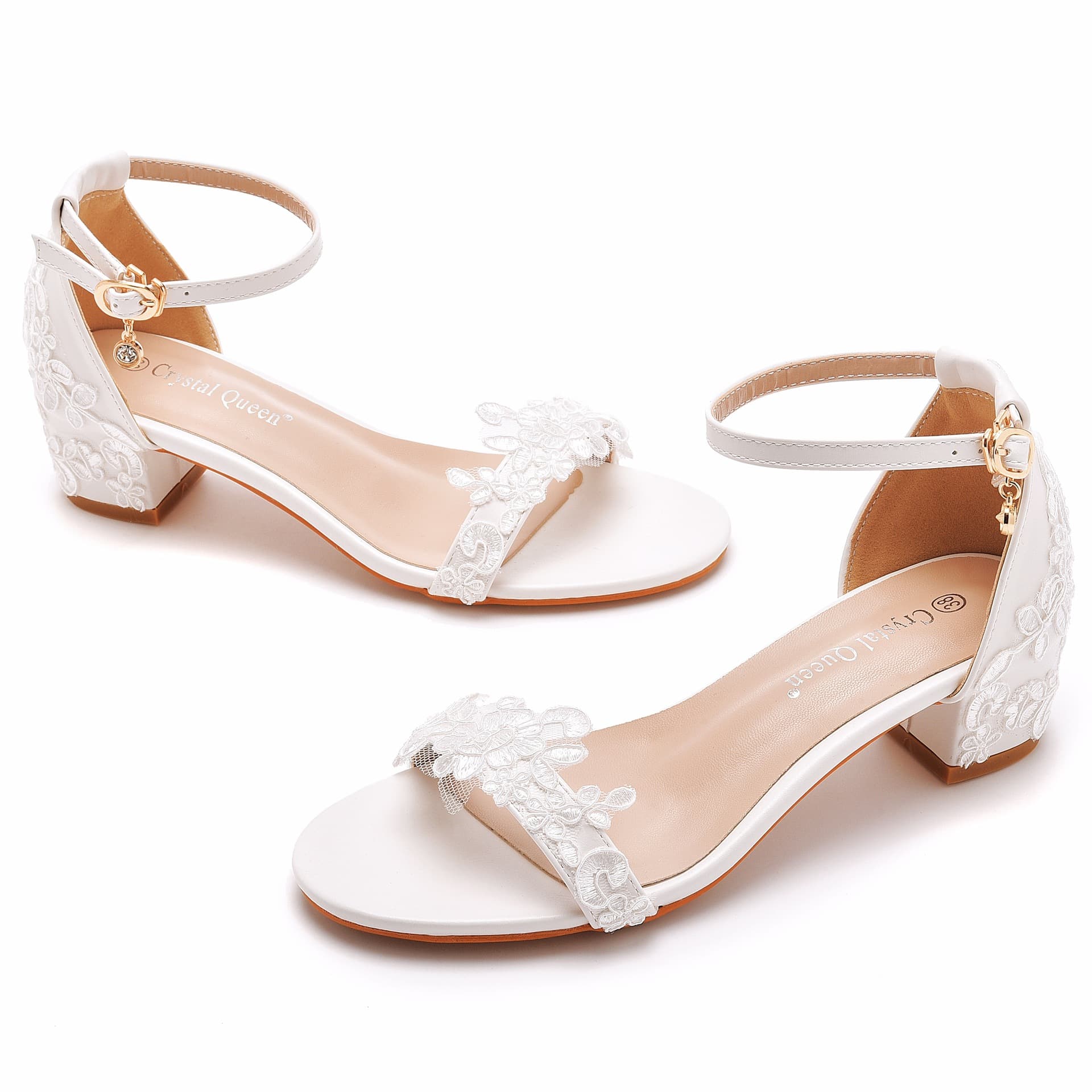 5cm Chunky Heel Sandals, Open Toe, One-Strap Square Heel Buckle Sandals, White Lace Embroidered Wedding Heels