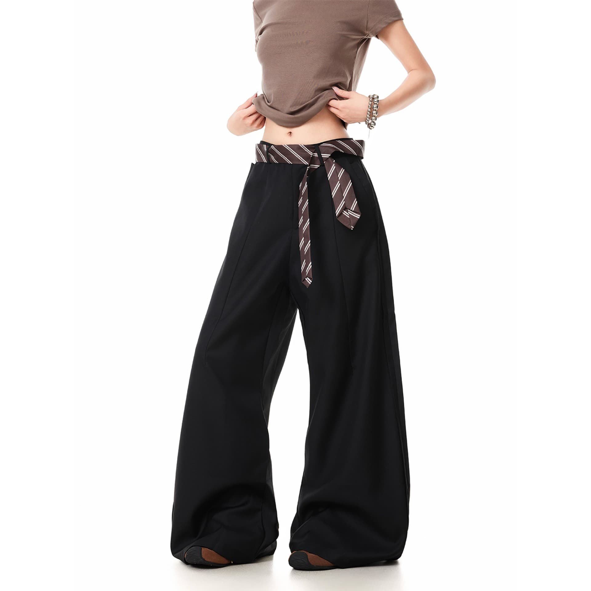American Casual Contrast Belt Basic Curved Knife Western Pants Simple High-End Wide-Leg Design Versatile Floor-Length Trousers Trendy