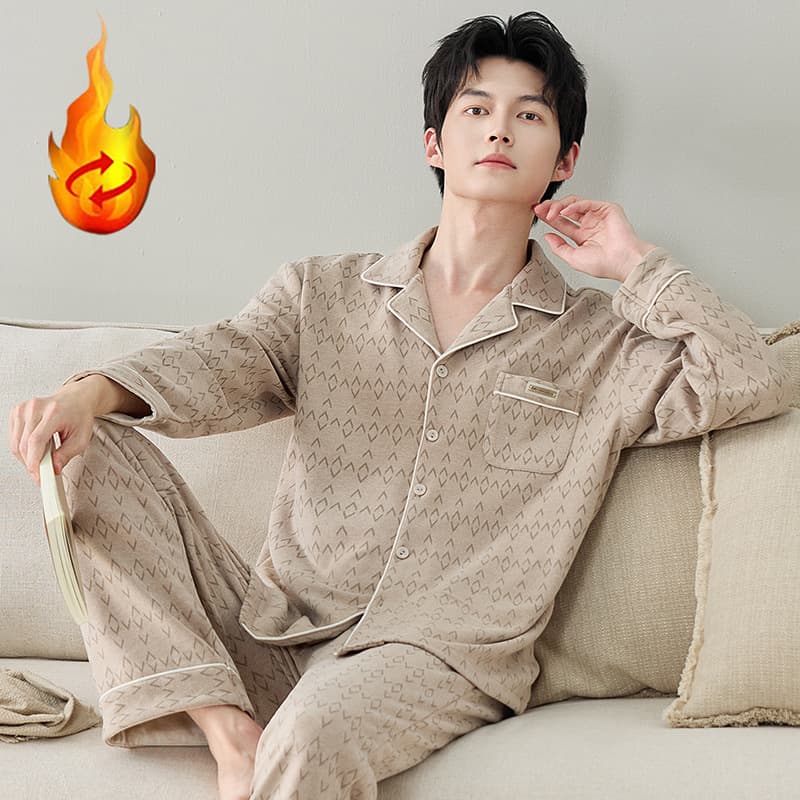 Men's Pajama Set for Autumn and Winter - Long Sleeve, Wool, Silk, and Velvet, Plus Size, Loose Fit, Warm Homewear