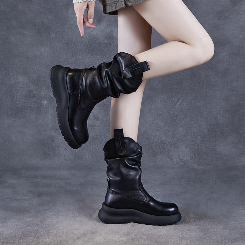 Genuine Leather Mid-Calf Boots, Wrinkled Cowhide Mid-Calf Boots for Women 2024 New Fashion Martin Stack Boots, Autumn Fleece-Lined Boots
