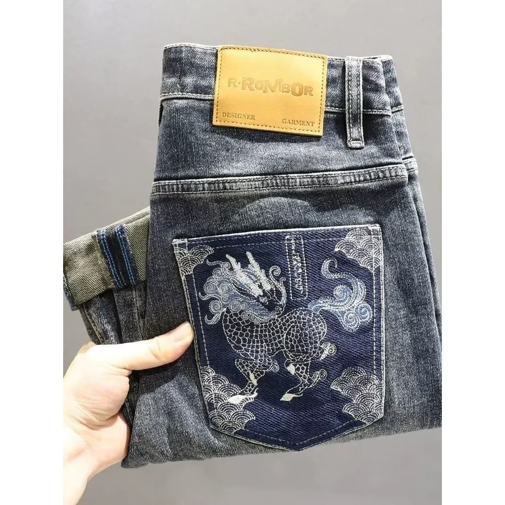 National style embroidered jeans for men in autumn new trendy old retro soft and versatile stretch slim-fitting pants